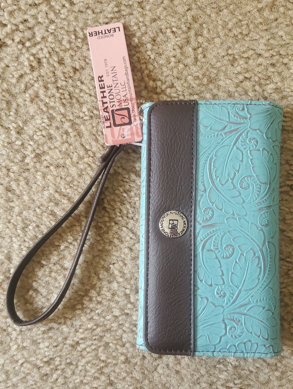 Turquoise Embossed Bonded Leather Wallet Wristlet